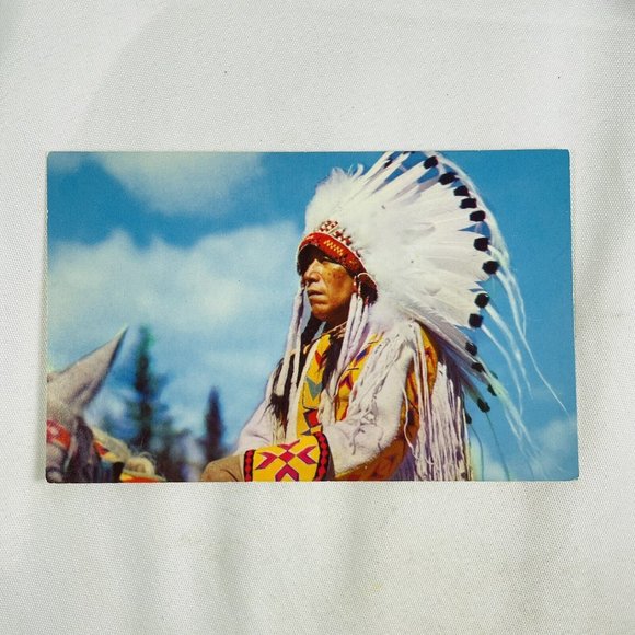 Cree Native American Chief Yellowface Vintage Unused Chrome Postcard Color Card - Picture 1 of 9
